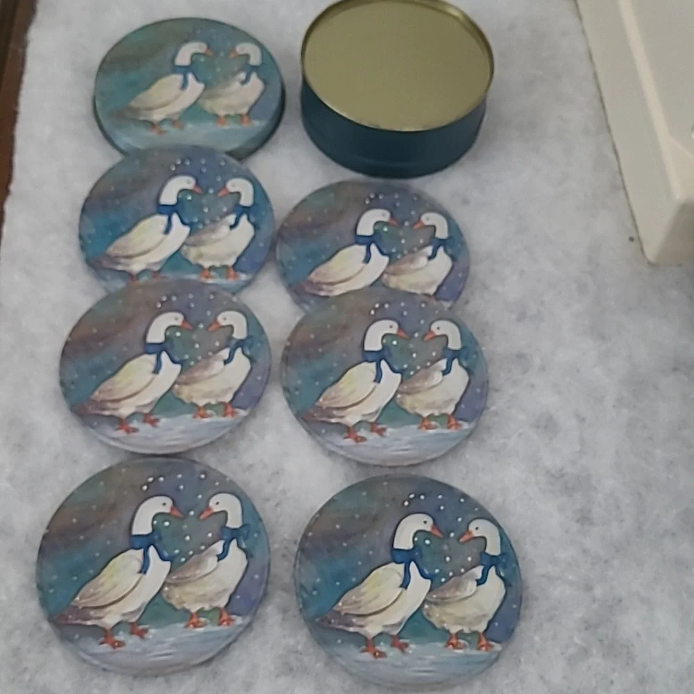 Winter geese coasters, Set Of 6, Vintage, J.S.N.Y. with a matching storage tin